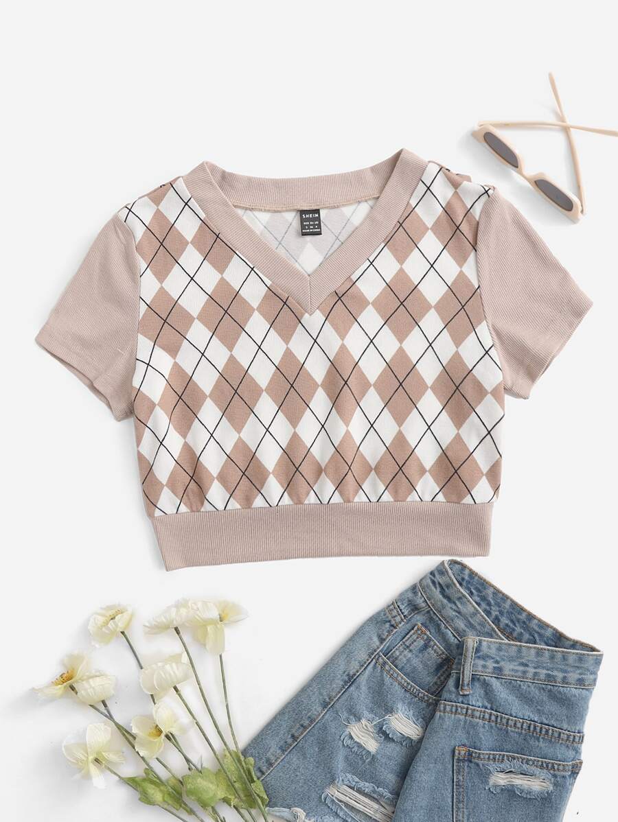 SHEIN Qutie Argyle Print Tee - Multicolor - View 1