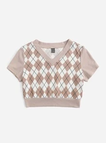 SHEIN Qutie Argyle Print Tee - Multicolor - View 4