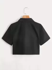 SHEIN EZwear Button Placket Solid Crop Shirt - Black - View 2