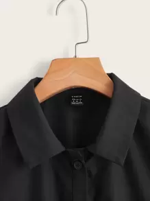SHEIN EZwear Button Placket Solid Crop Shirt - Black - View 4