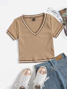 SHEIN EZwear v領拼接滾邊羅紋針織T恤 - 駝色 - 查看 2