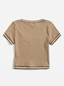 SHEIN EZwear v領拼接滾邊羅紋針織T恤 - 駝色 - 查看 3