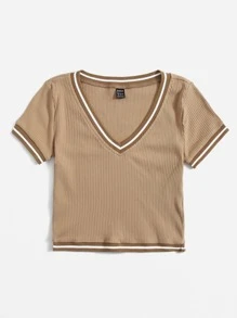 SHEIN EZwear v領拼接滾邊羅紋針織T恤 - 駝色 - 查看 4