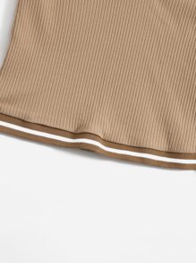 SHEIN EZwear v領拼接滾邊羅紋針織T恤 - 駝色 - 查看 6