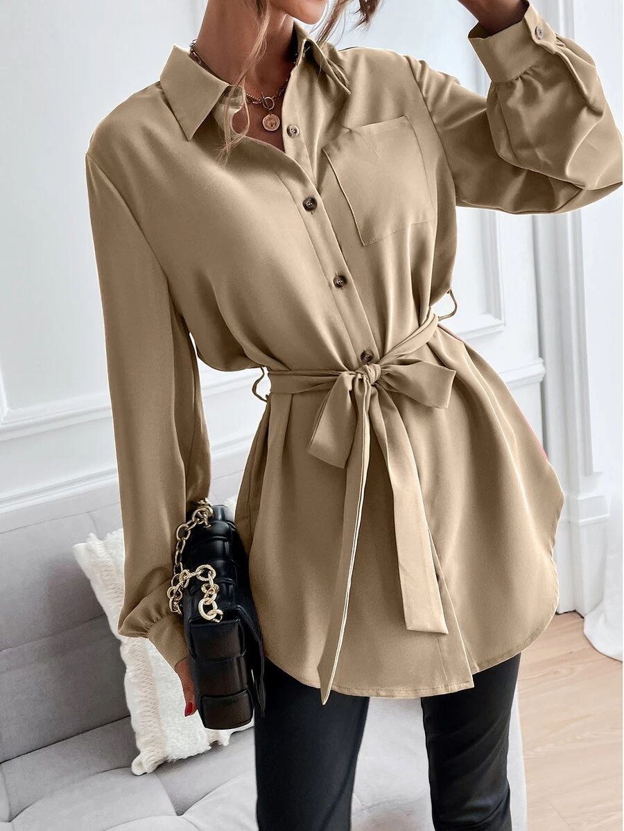 SHEIN LUNE Camisa unicolor con botón delantero con cinturón - Caqui - Ver 1