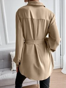 SHEIN LUNE Camisa unicolor con botón delantero con cinturón - Caqui - Ver 2