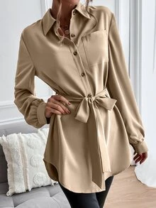 SHEIN LUNE Camisa unicolor con botón delantero con cinturón - Caqui - Ver 3