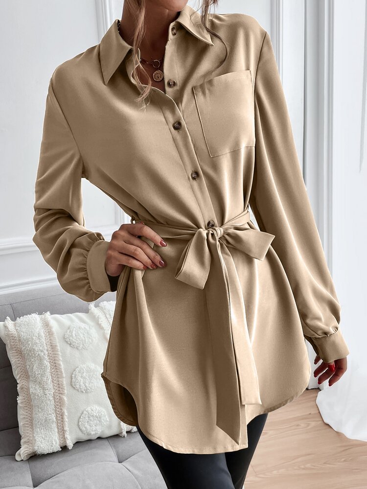 SHEIN LUNE Solid Button Front Belted Shirt - Khaki - View 3