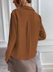 SHEIN Privé Solid Button Up Flap Pocket Shirt - Brown - View 2