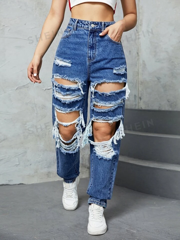 SHEIN EZwear High Waist Ripped Jeans | SHEIN USA