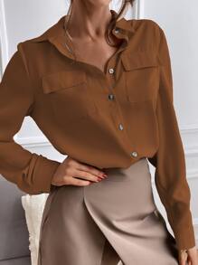 SHEIN Privé Solid Button Up Flap Pocket Shirt - Brown - View 3