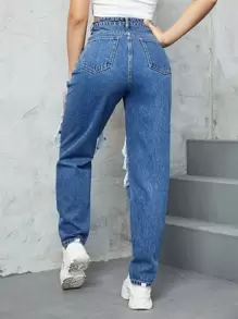 SHEIN EZwear Jeans desgarro de talle alto - Azul lavado medio - Ver 2