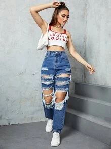 SHEIN EZwear Jeans desgarro de talle alto - Azul lavado medio - Ver 3