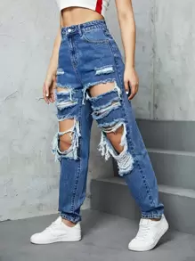 SHEIN EZwear Jeans desgarro de talle alto - Azul lavado medio - Ver 4