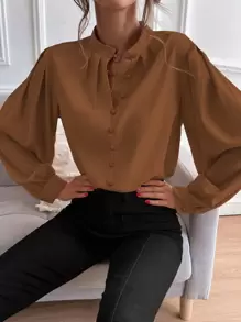 SHEIN Unity 燈籠袖前排扣襯衫 - 棕色 - 查看 1