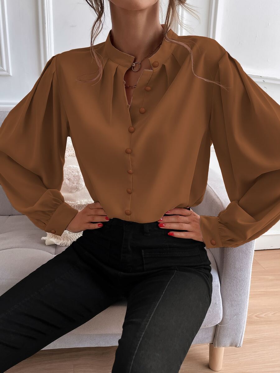 SHEIN Unity 燈籠袖前排扣襯衫 - 棕色 - 查看 1