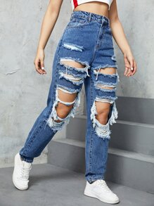 SHEIN EZwear Jeans desgarro de talle alto - Azul lavado medio - Ver 6
