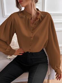 SHEIN Unity 燈籠袖前排扣襯衫 - 棕色 - 查看 3