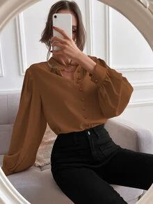SHEIN Unity 燈籠袖前排扣襯衫 - 棕色 - 查看 4