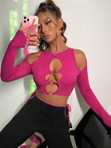 SHEIN ICON O-ring Cut Out Crop Tee - Hot Pink - View 1