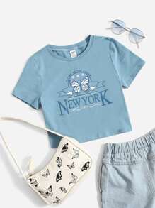 SHEIN Teen Girls Drop Shoulder Butterfly & Letter Pattern Tee - Dusty Blue - View 1