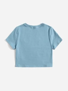 SHEIN Teen Girls Drop Shoulder Butterfly & Letter Pattern Tee - Dusty Blue - View 2