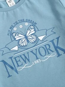 SHEIN Teen Girls Drop Shoulder Butterfly & Letter Pattern Tee - Dusty Blue - View 3