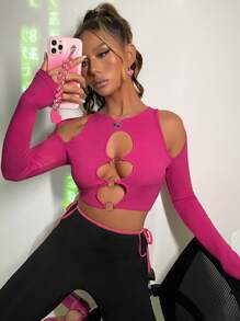 SHEIN ICON O-ring Cut Out Crop Tee - Hot Pink - View 5
