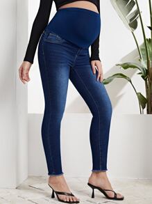 SHEIN 孕婦高腰毛邊緊身牛仔褲