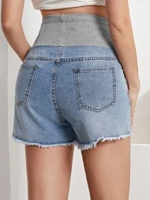 SHEIN Maternity Colorblock Ripped Raw Hem Denim Shorts - Light Wash - View 3