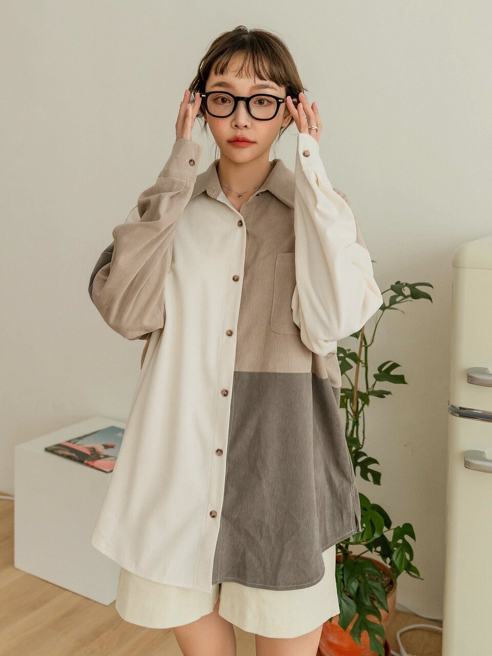 Color Block Patched Pocket Drop Shoulder Corduroy Blouse,Long Sleeve Tops,Fall Clothes