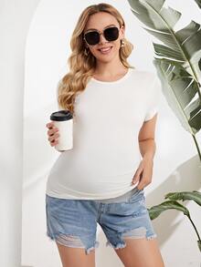 SHEIN Maternity Colorblock Ripped Raw Hem Denim Shorts - Light Wash - View 5