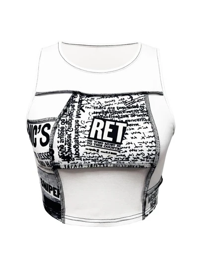 SHEIN ICON 報紙印花拼接車縫短款背心