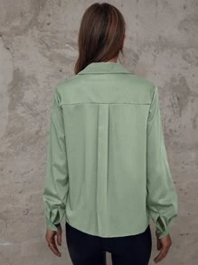 SHEIN Essnce 翻蓋口袋前紐扣襯衫 - 綠色 - 查看 2