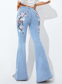 Jeans de pierna amplia con bordado floral - Lavado ligero - Ver 1