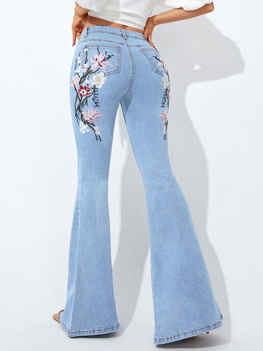 Jeans de pierna amplia con bordado floral - Lavado ligero - Ver 1