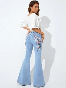 Jeans de pierna amplia con bordado floral - Lavado ligero - Ver 2