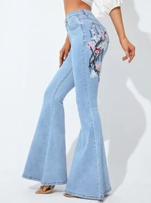 Jeans de pierna amplia con bordado floral - Lavado ligero - Ver 3