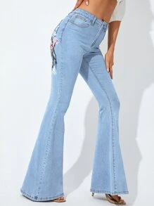 Jeans de pierna amplia con bordado floral - Lavado ligero - Ver 5
