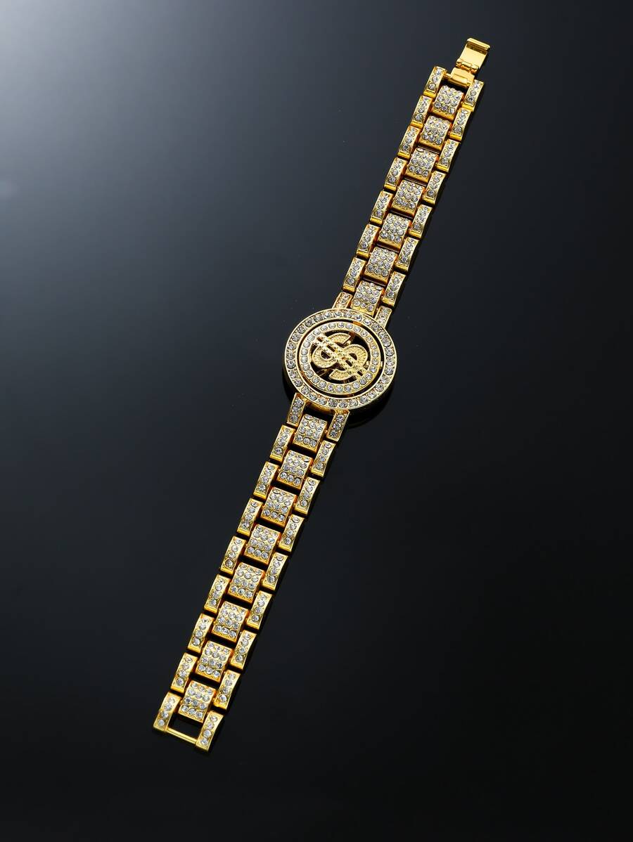 Men Rhinestone Decor Bracelet - Yellow Gold - View 1