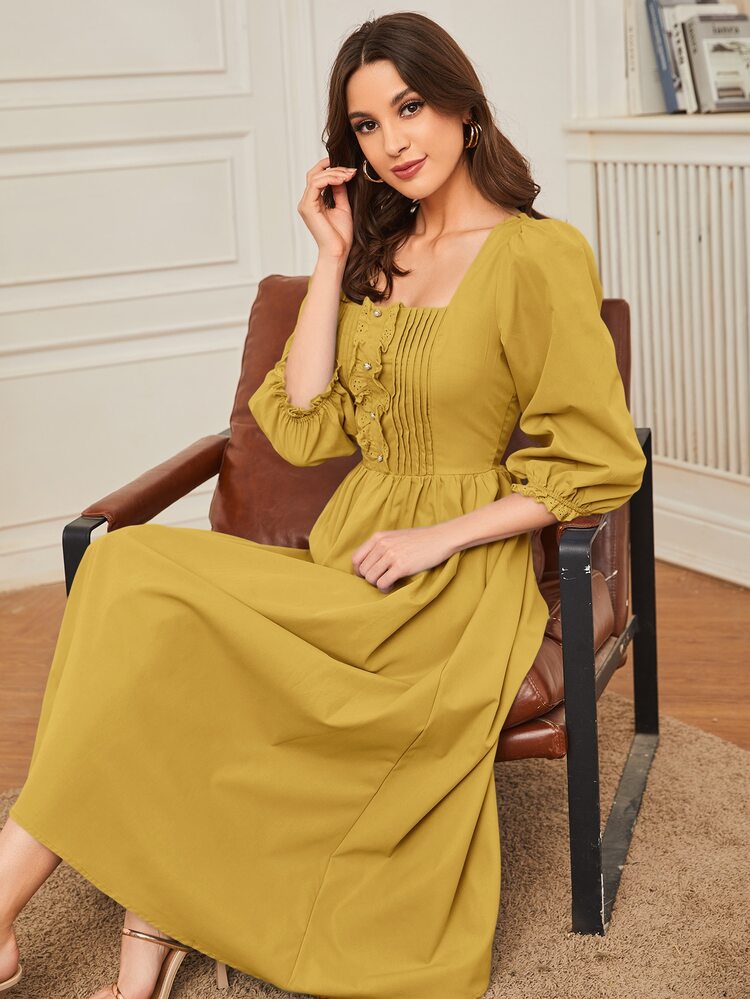 Modelyn Vestido de cuello cuadrado con bordado con ojal ribete fruncido fruncido delantero - Mostaza Amarilla - Añade 3