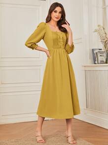 Modelyn Square Neck Eyelet Embroidered Frill Trim Pleated Front Dress - Mustard Yellow - View 4