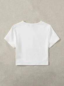 Letter & Cherry Print Round Neck Crop Top - White - View 2