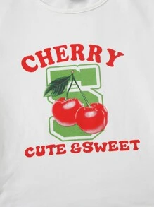 Letter & Cherry Print Round Neck Crop Top - White - View 3