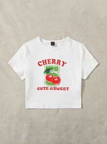 Letter & Cherry Print Round Neck Crop Top - White - View 4