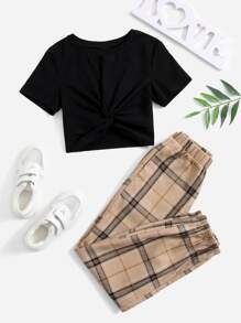 SHEIN Girls Tee & Plaid Trousers Set - Multicolor - View 1