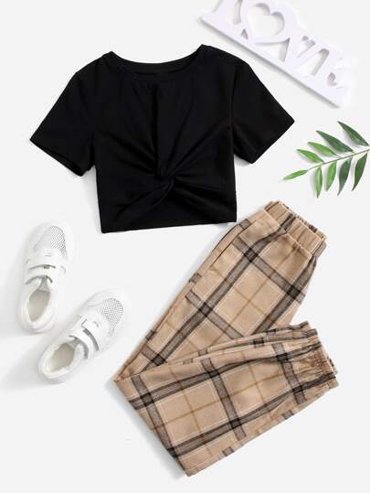 SHEIN Girls Tee & Plaid Pants Set