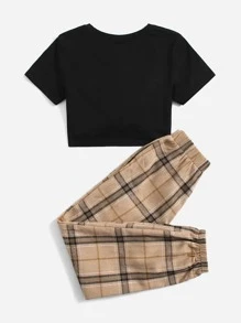 SHEIN Girls Tee & Plaid Trousers Set - Multicolor - View 2