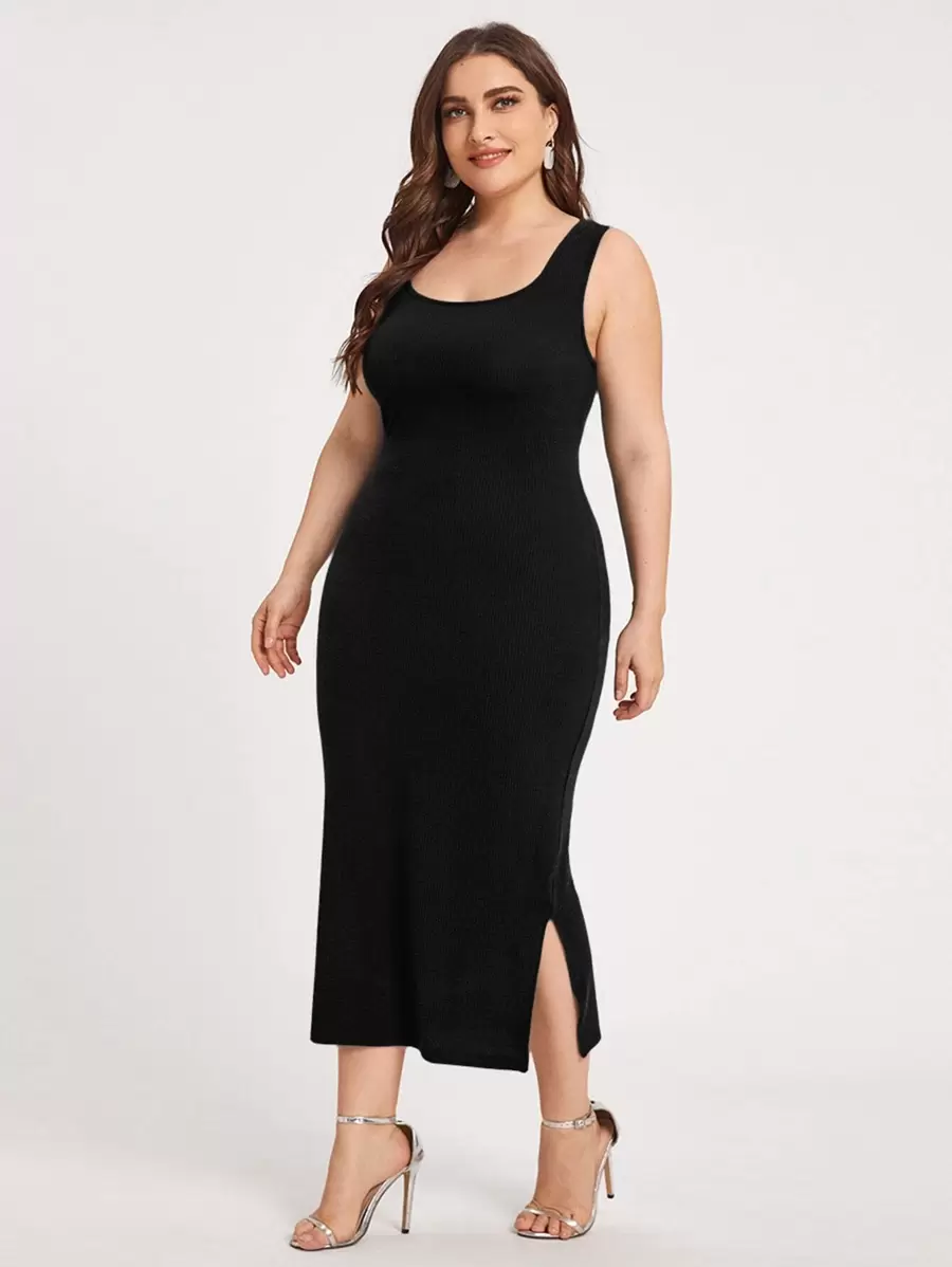 Chikora 大碼素色開衩下擺洋裝 - 黑色 - 查看 1