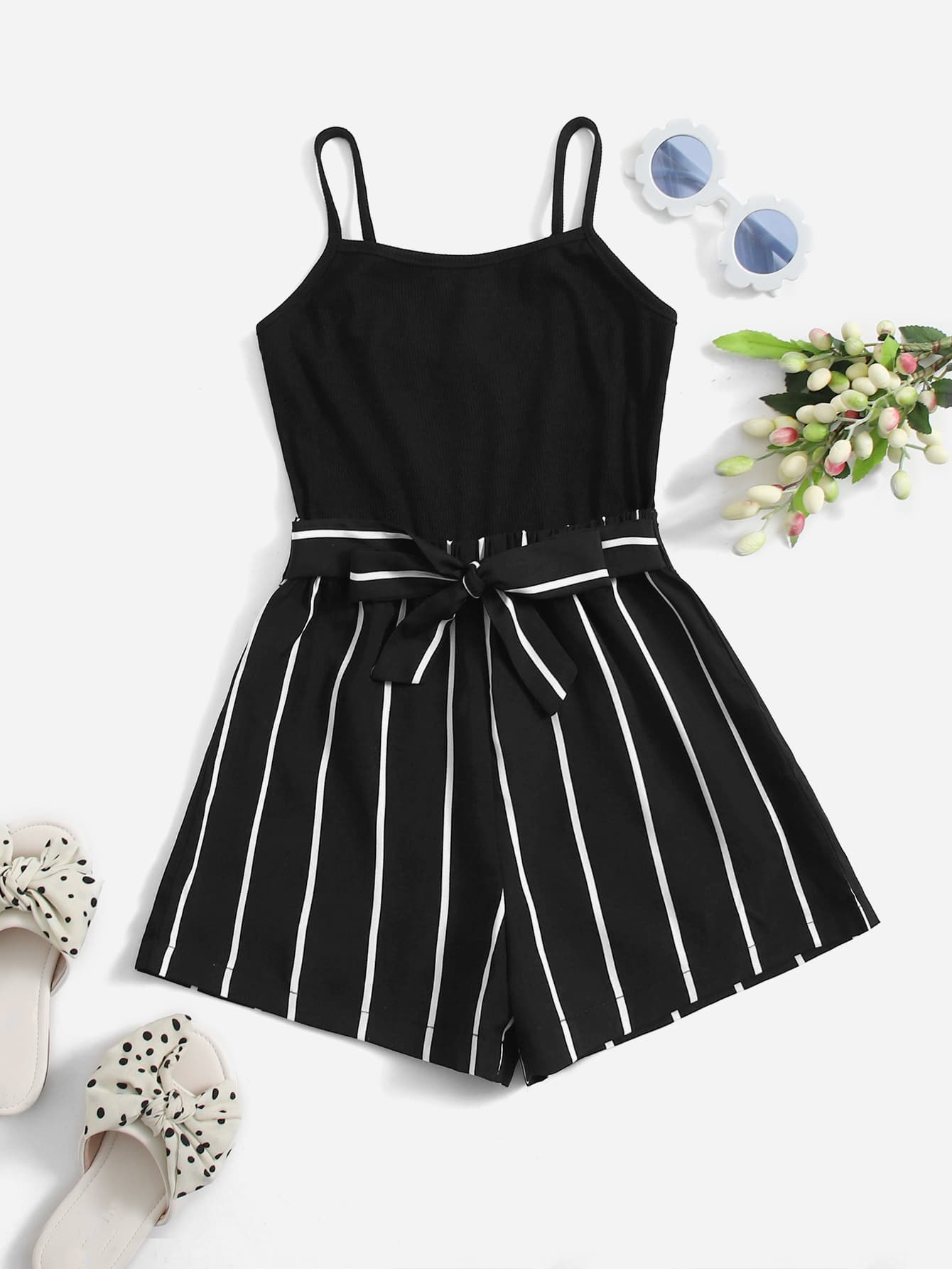 SHEIN Girls Striped Belted Cami Romper - Black - View 1